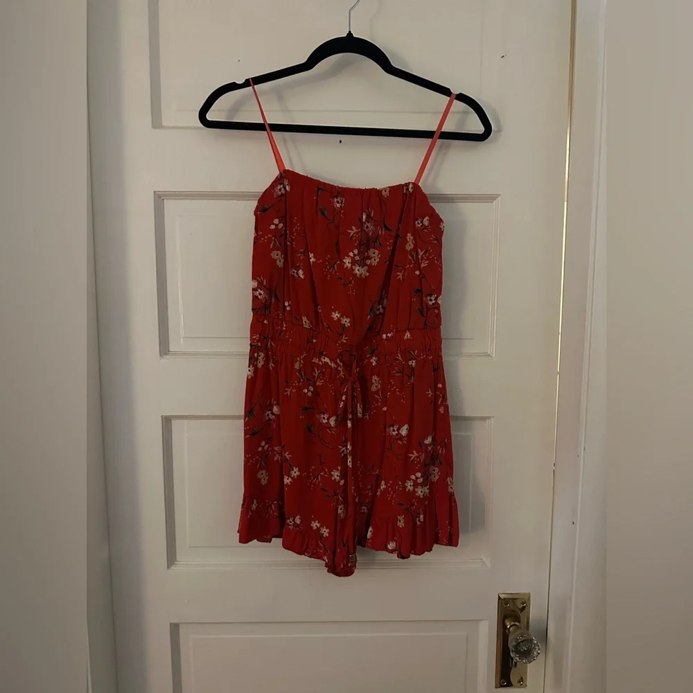 Red Floral Romper Elastic Waist - Picture 3 of 14